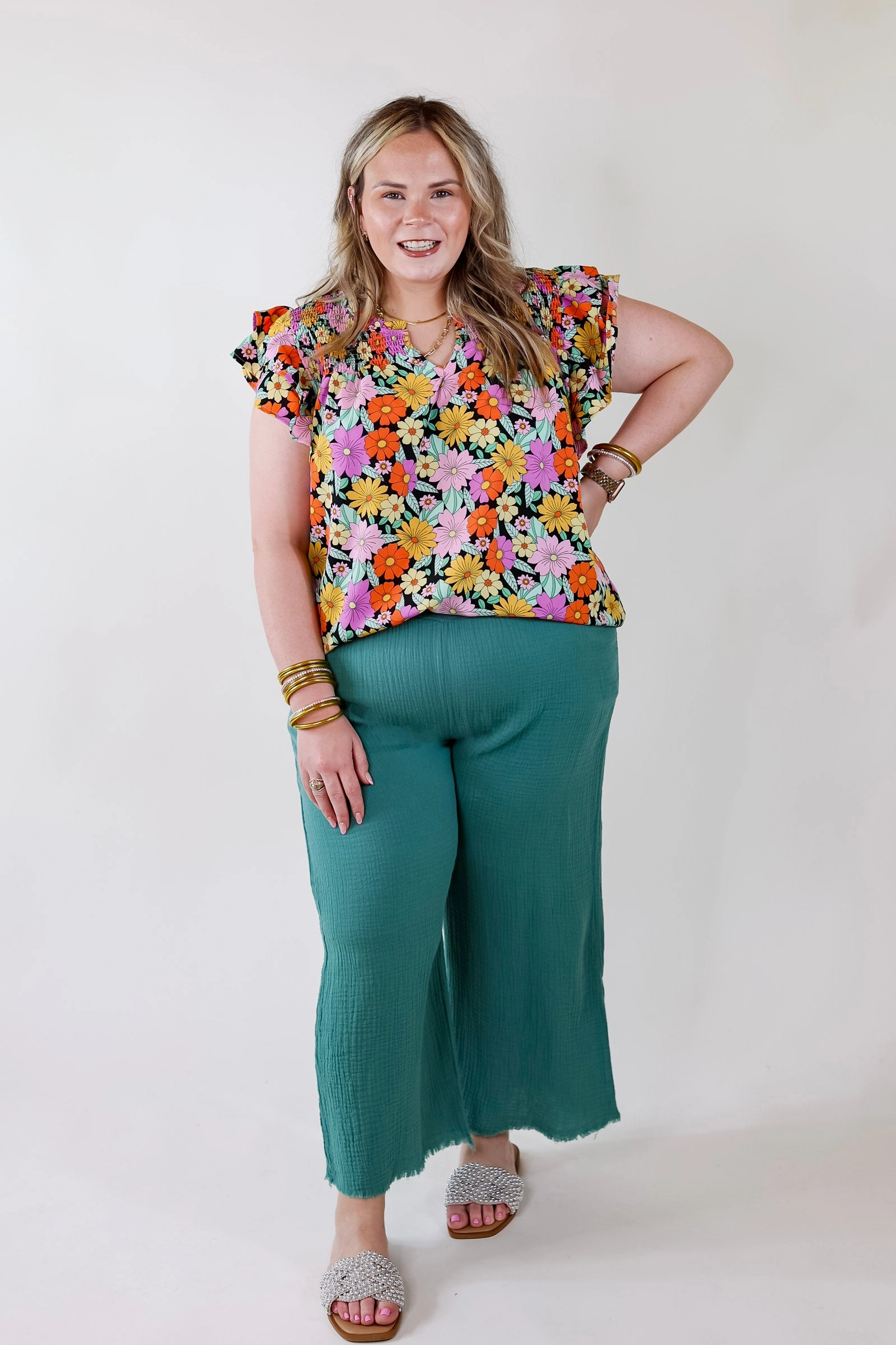 Pretty Days Floral Notched Neckline Top in Black AntiStaticLining