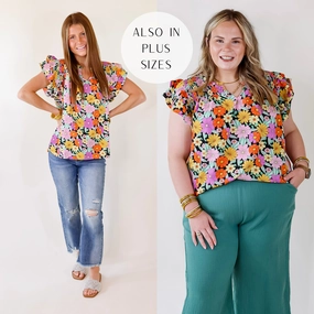 Pearl Tone Relaxed Wear Pretty Days Floral Notched Neckline Top in Black