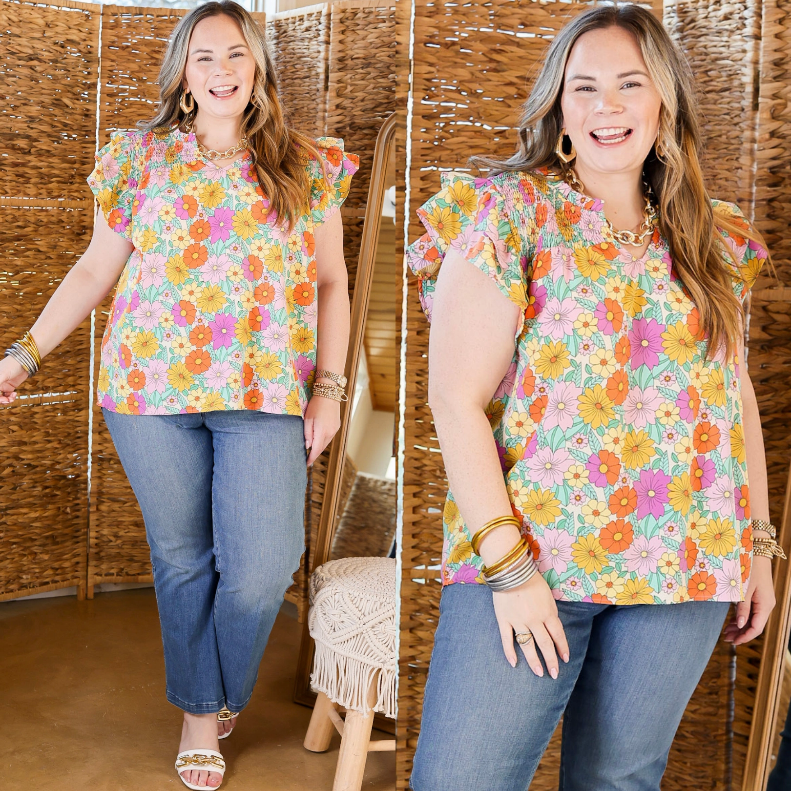 Hidden Placket Ventilated Back Panel Pretty Days Floral Notched Neckline Top in Cream