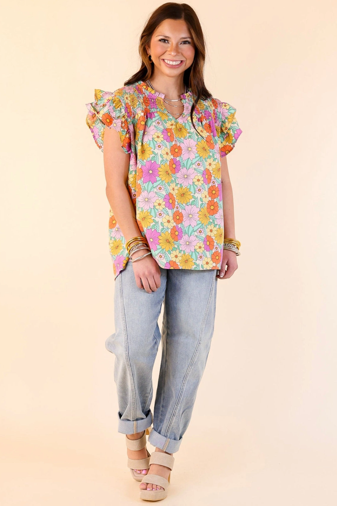 crew neck Pretty Days Floral Notched Neckline Top in Cream