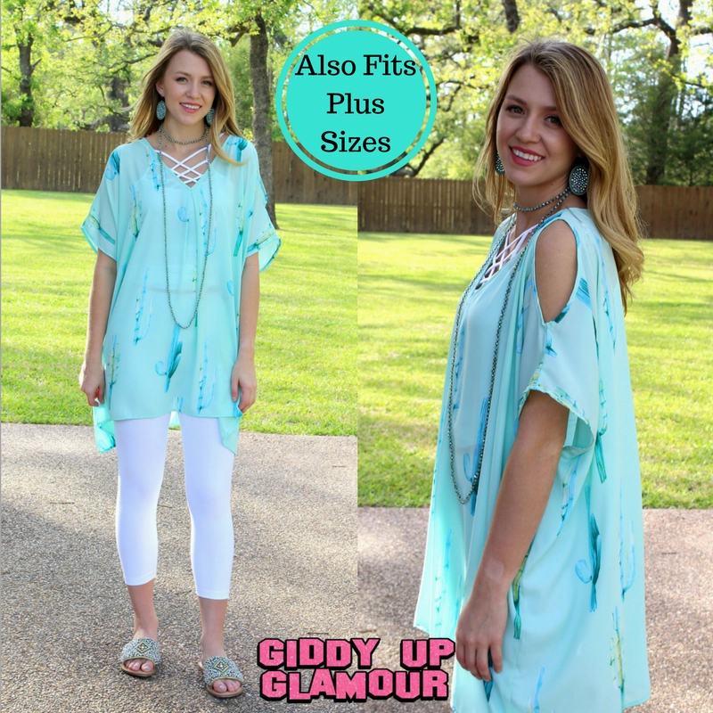clean design Bold Step Pretty Little Thing Cactus Sheer Open Shoulder Tunic in Mint