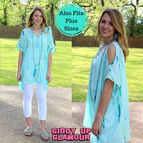 clean design Bold Step Pretty Little Thing Cactus Sheer Open Shoulder Tunic in Mint