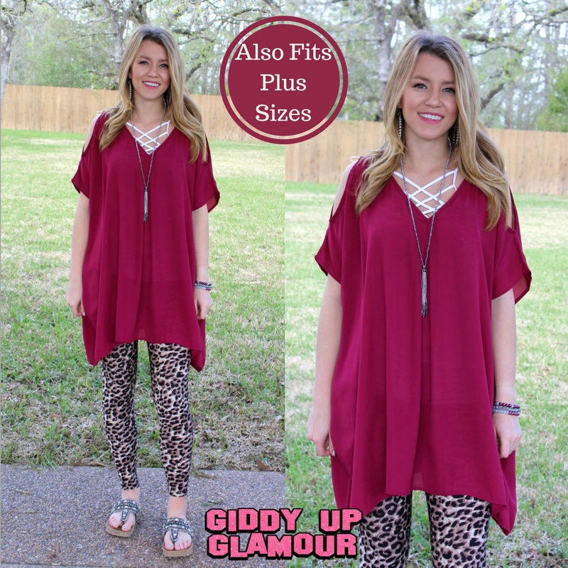Unique Cut River Core Pretty Little Thing Sheer Open Shoulder Tunic in Maroon