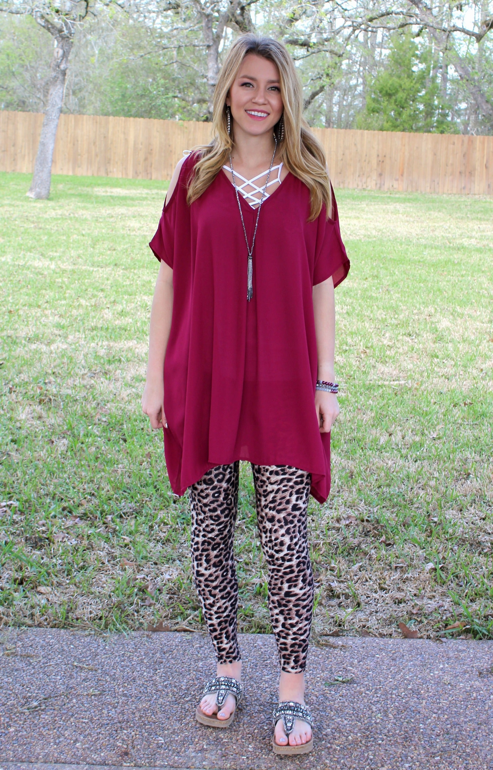 ReflectiveTrims Peace Glow Pretty Little Thing Sheer Open Shoulder Tunic in Maroon