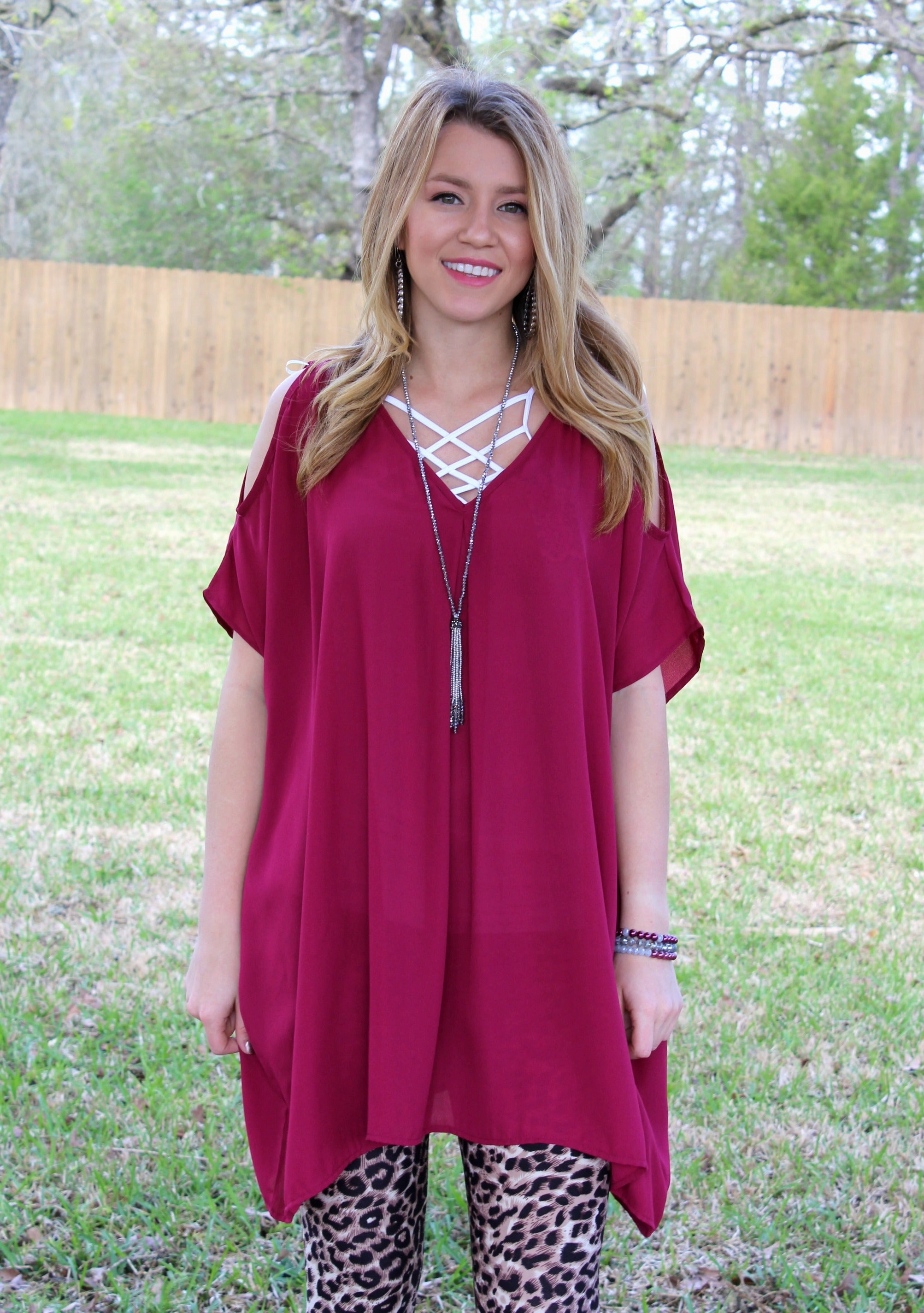Pretty Little Thing Sheer Open Shoulder Tunic in Maroon Morning Walk