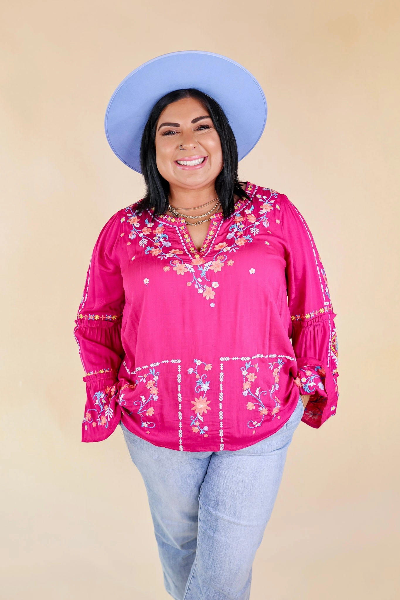 Pretty Stroll Floral Embroidered Top with Long Bell Sleeves in Magenta Pink Breathable Lining