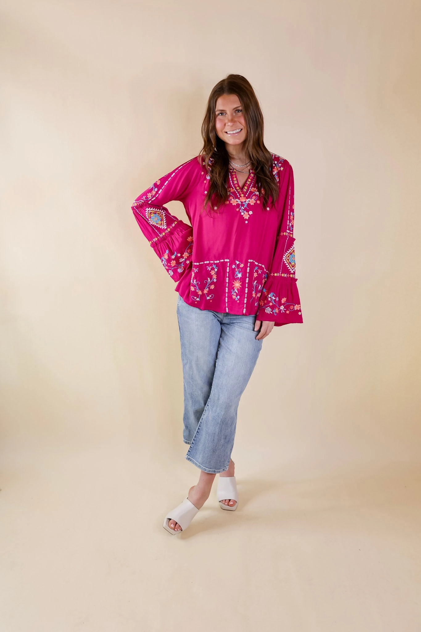 Pretty Stroll Floral Embroidered Top with Long Bell Sleeves in Magenta Pink Odor Resistant HiddenPocket