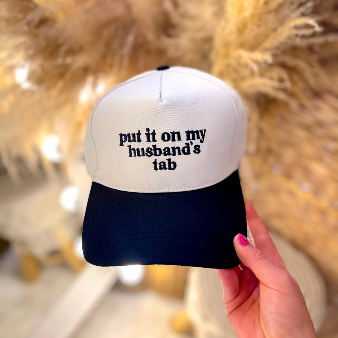 Put It On My Husband's Tab Two Tone Canvas Trucker Cap in Multiple Color Options Sport Flex