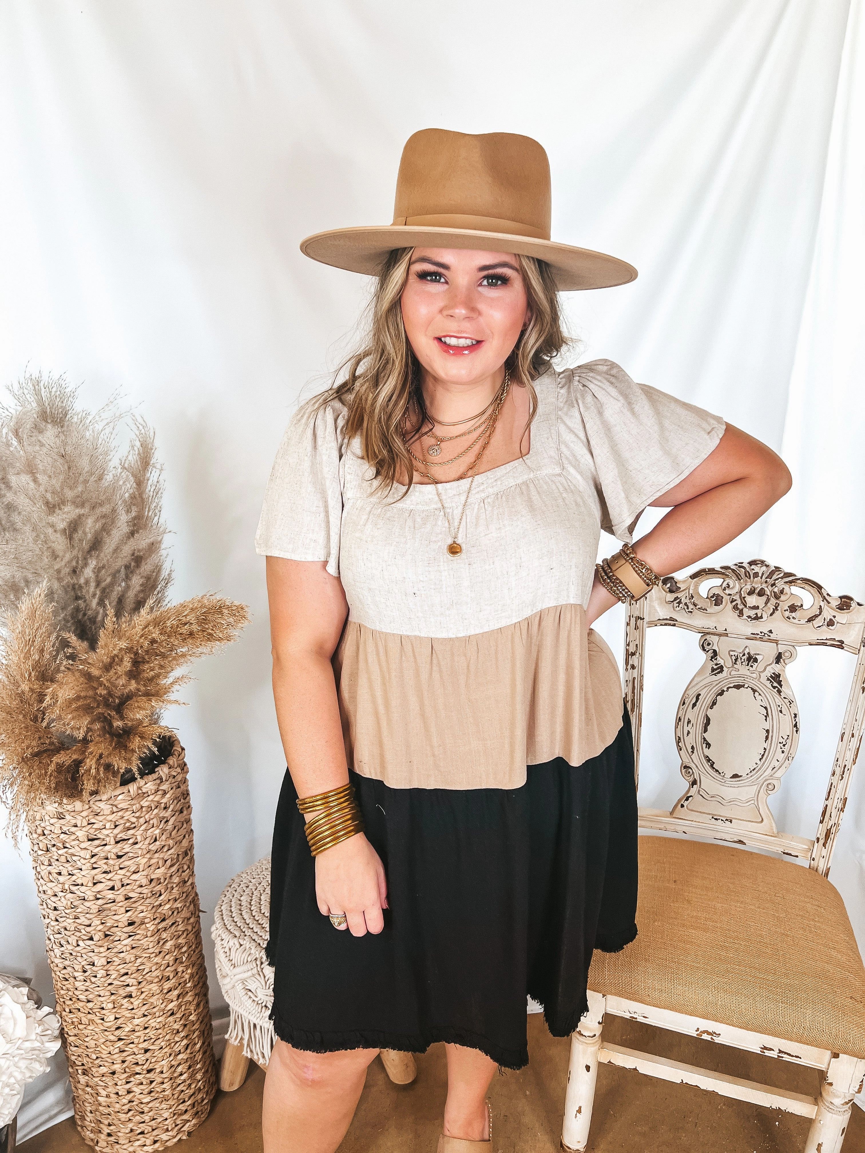 Promised Love Square Neck Color Block Dress in Brown and Black Cozy Robe WrinkleResistantFabric