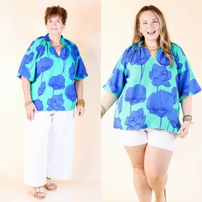 Versatile Shirt Soft Touch Fabric Puff & Petal V-Neck Blue Flower Print with Collar in Jade Blue