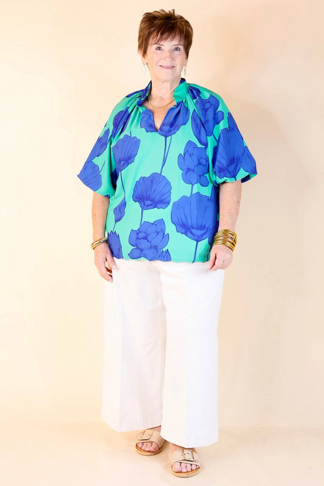 Puff & Petal V-Neck Blue Flower Print with Collar in Jade Blue QuickDry