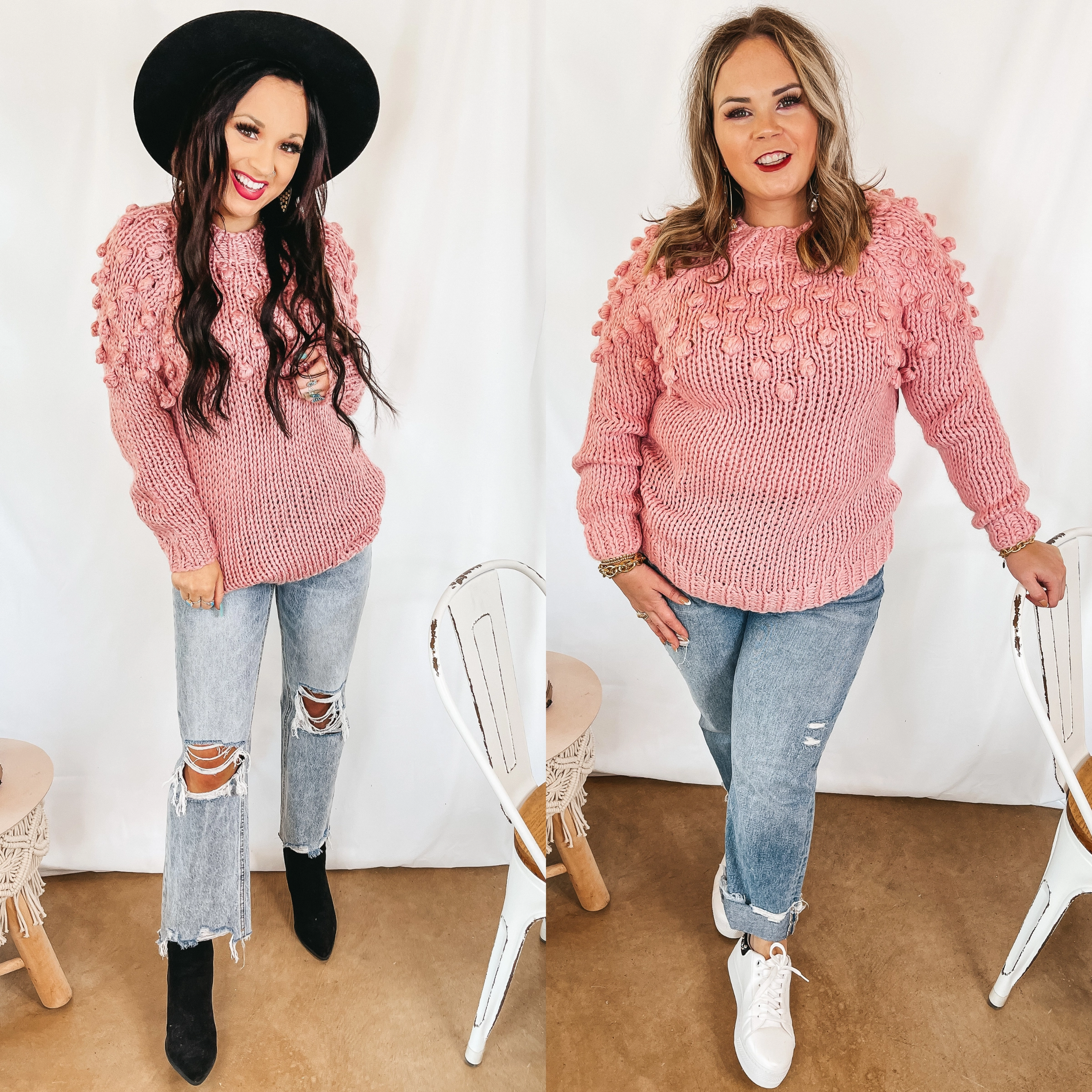 Puff of Magic High Neck Sweater with Pom-Pom Upper in Pink Classic Jeans Fairy Mood