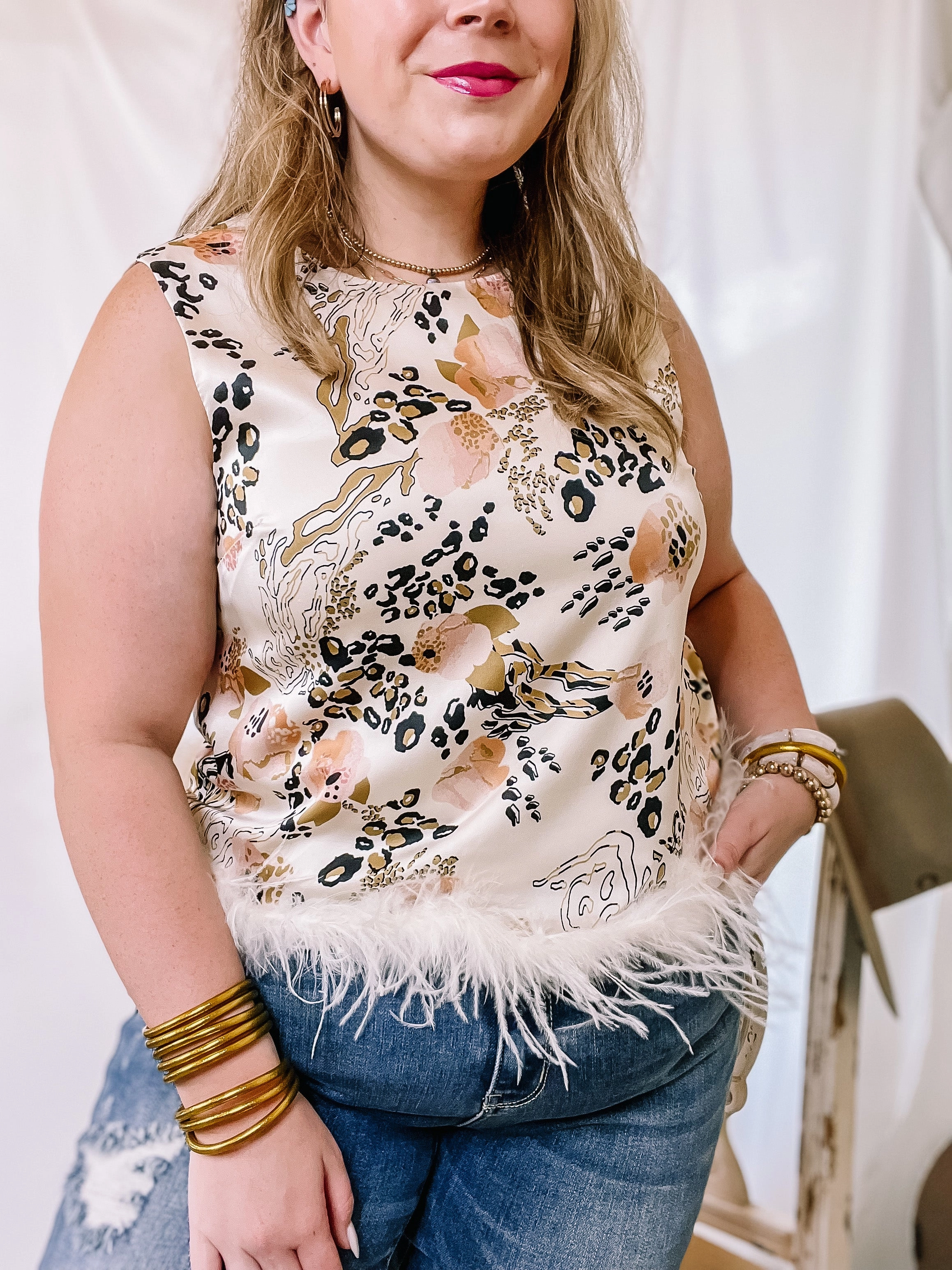 winter clothing Outdoor Pants Causing Compliments Animal Print Tank Top with Feather Trim in Ivory