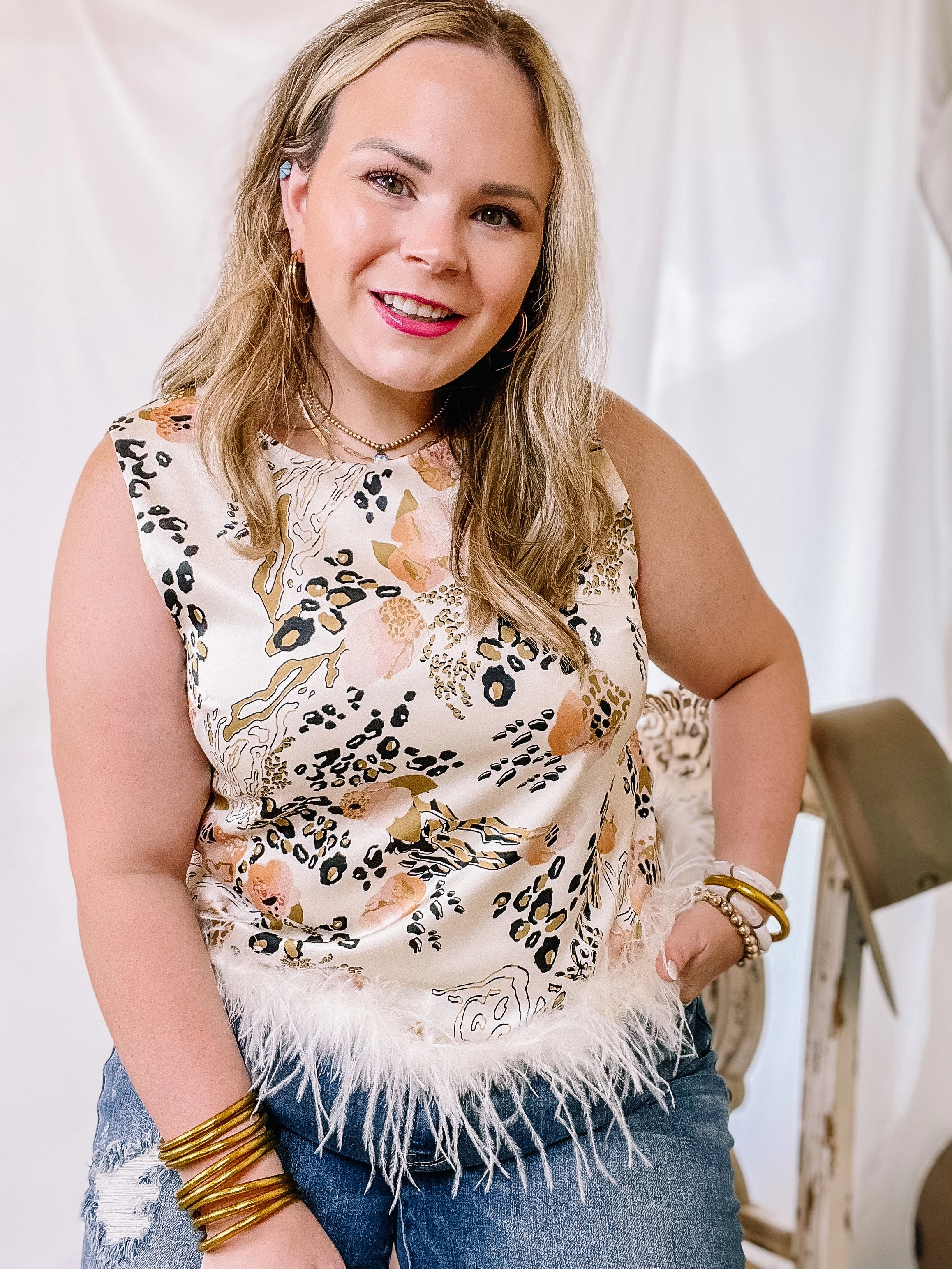 WrinkleFreeTexture Causing Compliments Animal Print Tank Top with Feather Trim in Ivory