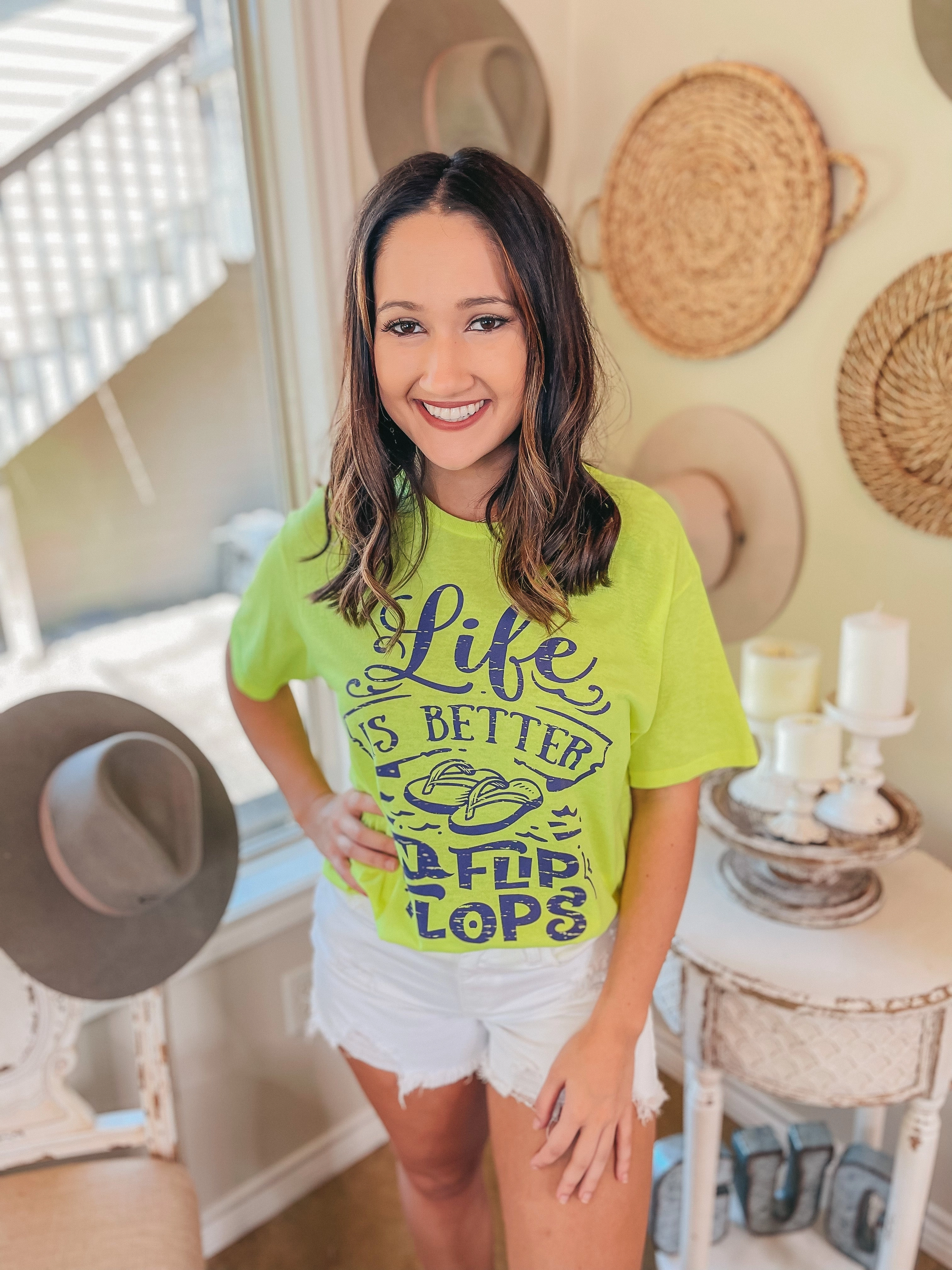 Boho Light Last Chance Size Small & Medium | Life is Better in Flip Flops Short Sleeve Graphic Tee in Neon Yellow