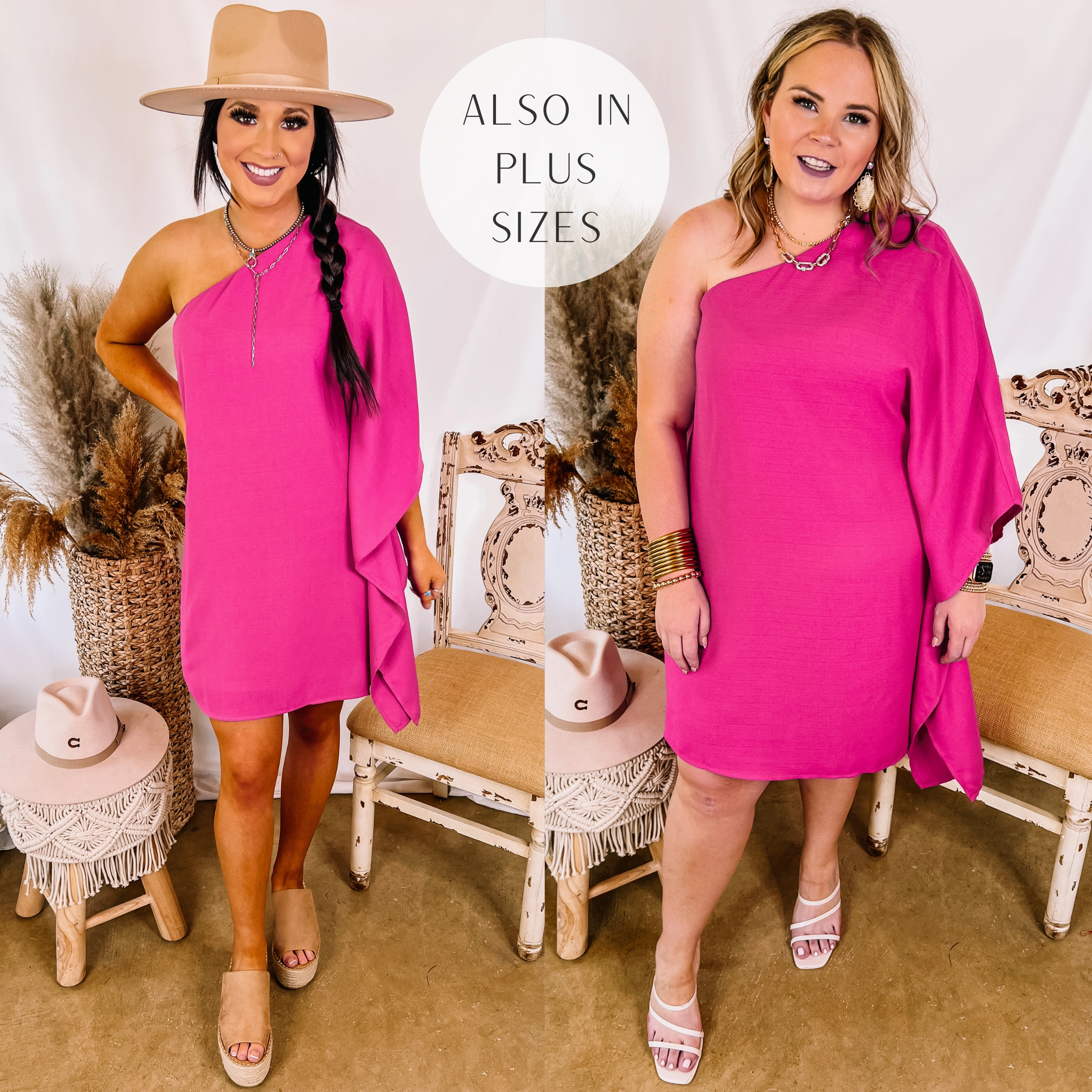 Last Chance Size Small & Medium | Champagne Getaway One Shoulder Dress in Fuchsia QuickDrying Fiber