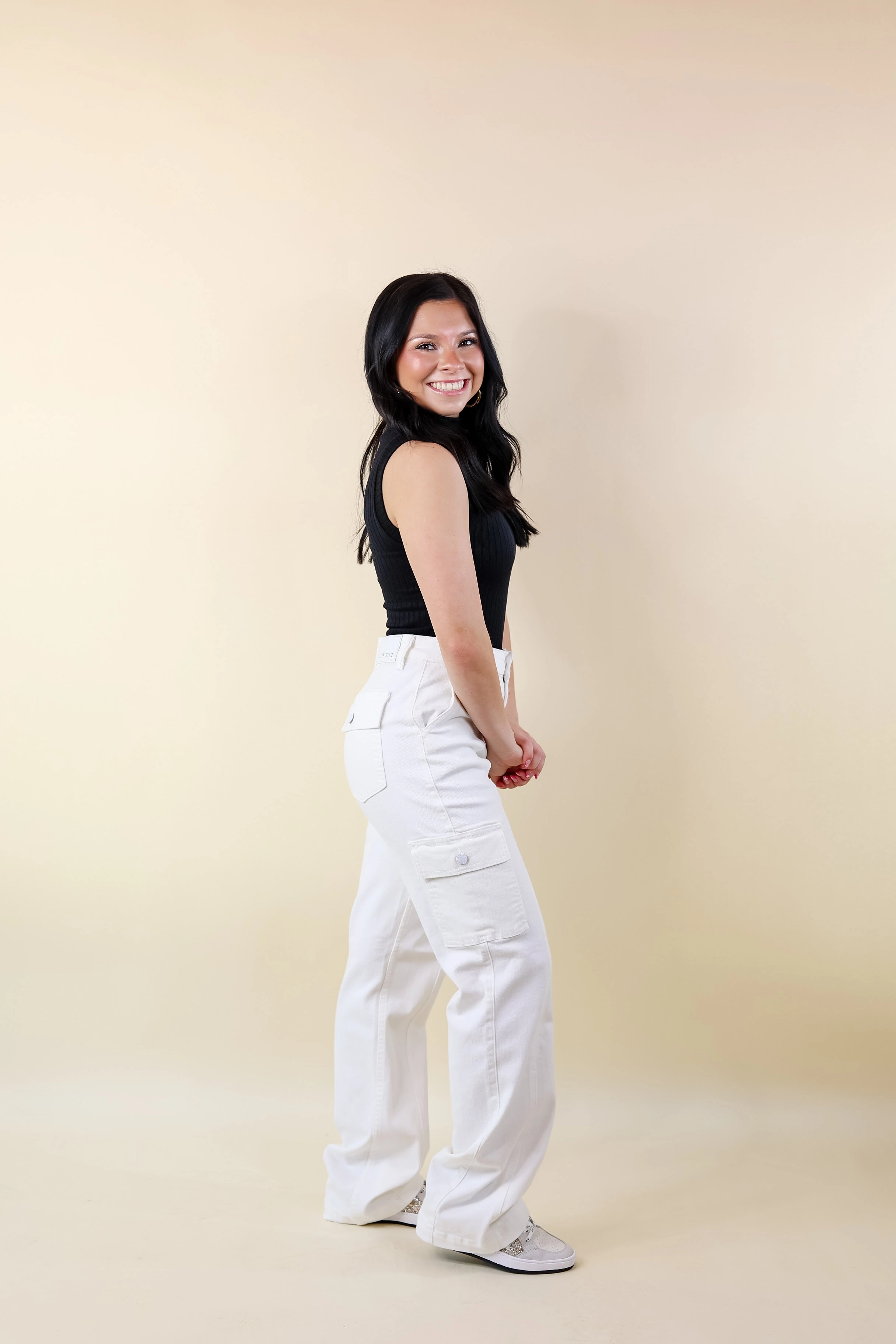 Judy Blue | Chic Efforts Cargo Straight Leg Jeans in White NonSlip Grips