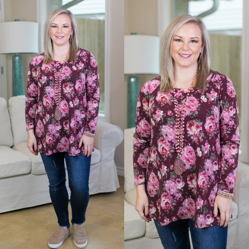 Sport Ease The Right One Floral Tunic with Suede Elbow Patches in Maroon