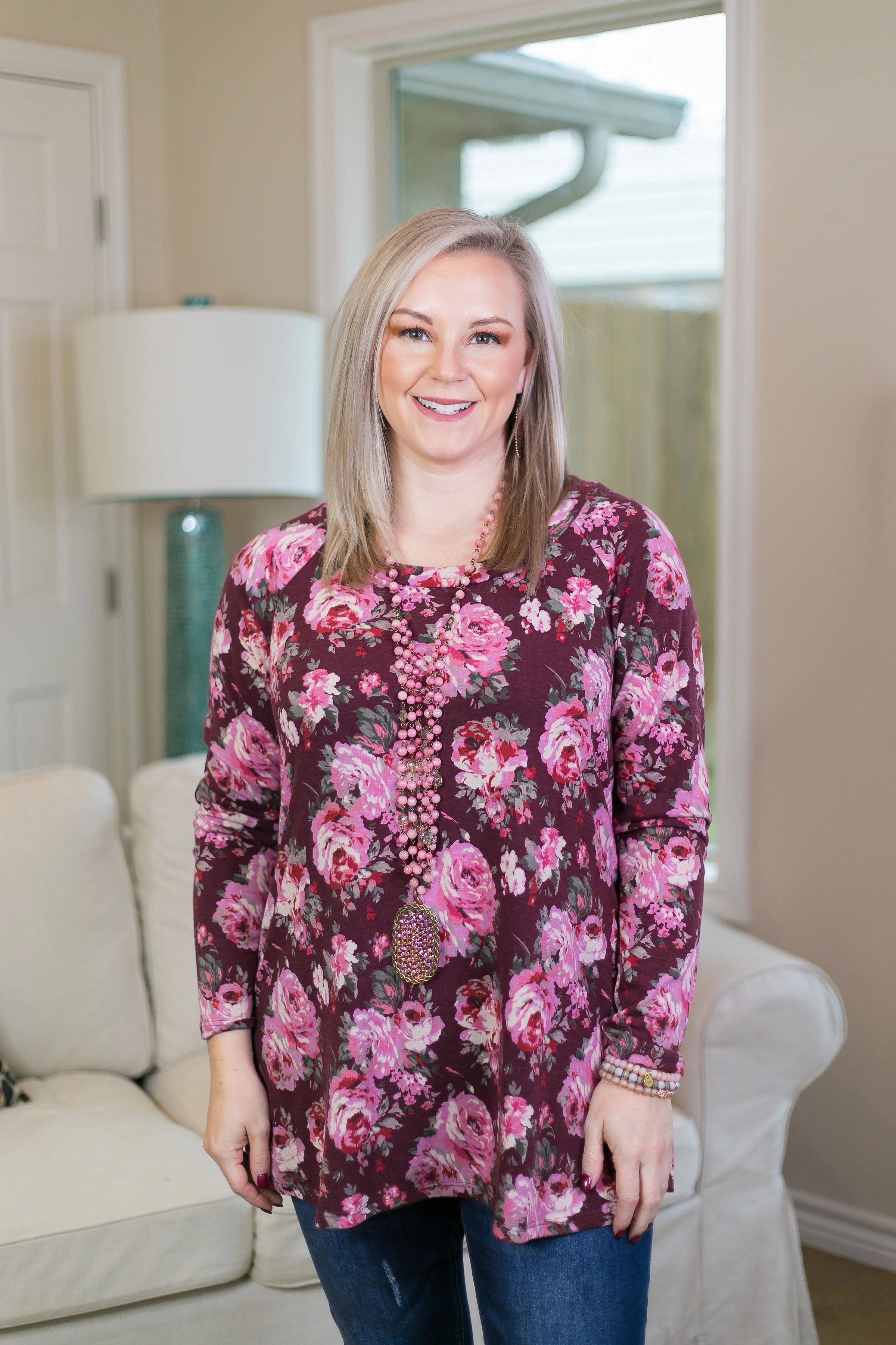 Active Apparel The Right One Floral Tunic with Suede Elbow Patches in Maroon