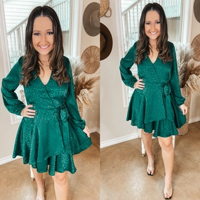 KnotFree Tailoring Relaxed Fashion Last Chance Size Small, Medium, Large | Stolen Romance Long Sleeve Satin Leopard Print Wrap Dress in Emerald Green