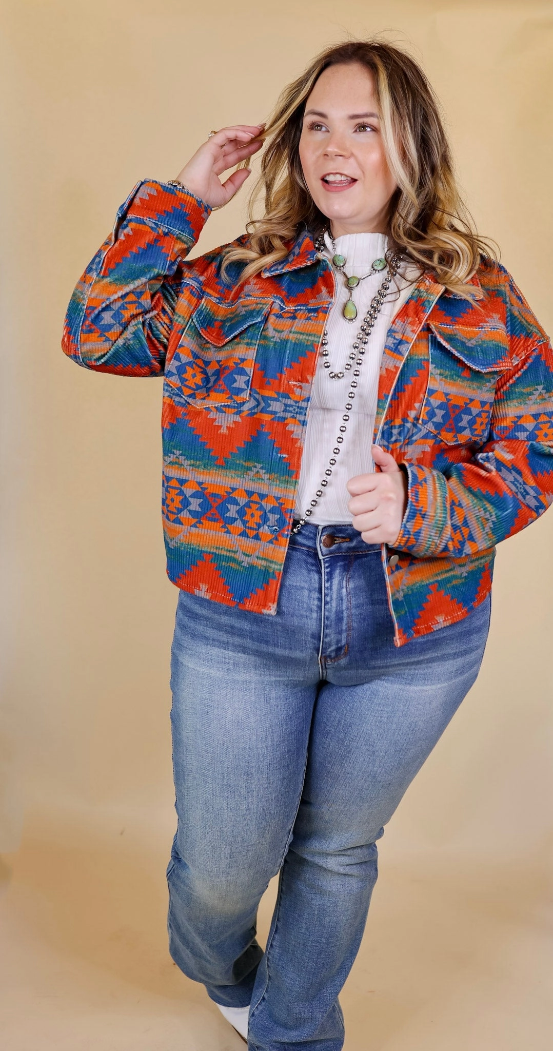Conscious Core Edgy and Chic Button Up Corduroy Aztec Print Jacket in Red and Blue
