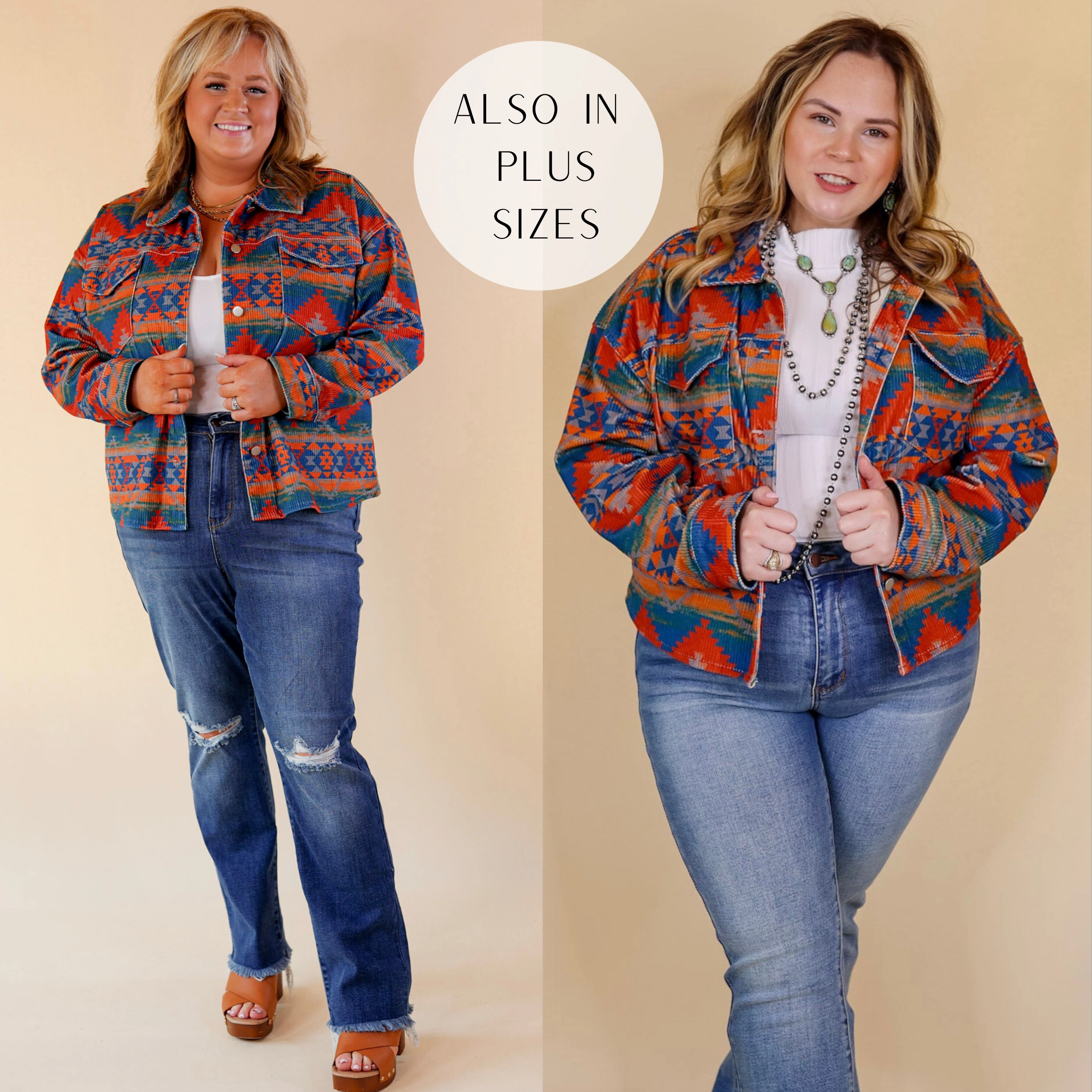 Edgy and Chic Button Up Corduroy Aztec Print Jacket in Red and Blue Dance Flow EcoFriendly Textiles