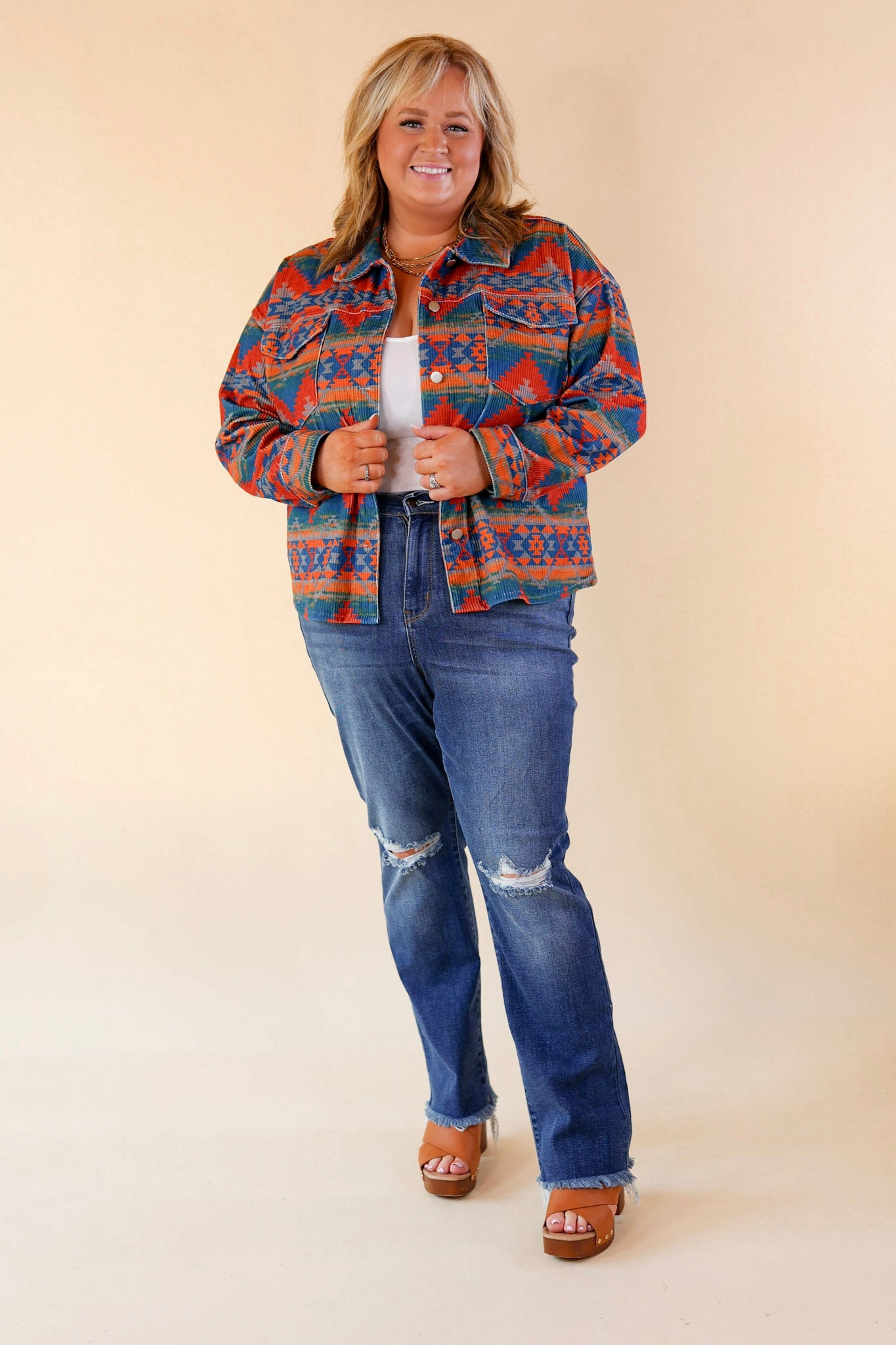 Spirit Core Edgy and Chic Button Up Corduroy Aztec Print Jacket in Red and Blue