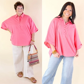 Cold Weather Sustainable Manufacturing Sweet Surprise Half Button Up Poncho Top with Collared Neckline in Coral Pink