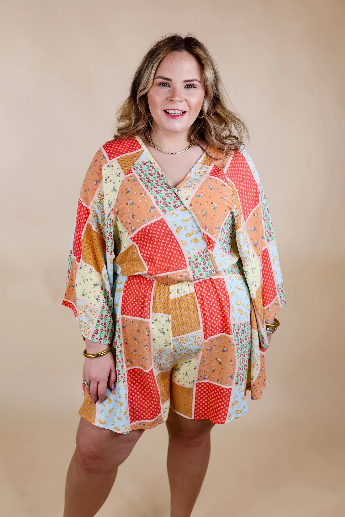 clean design Pushing Limits Floral Patch Print Romper with 3/4 Sleeves