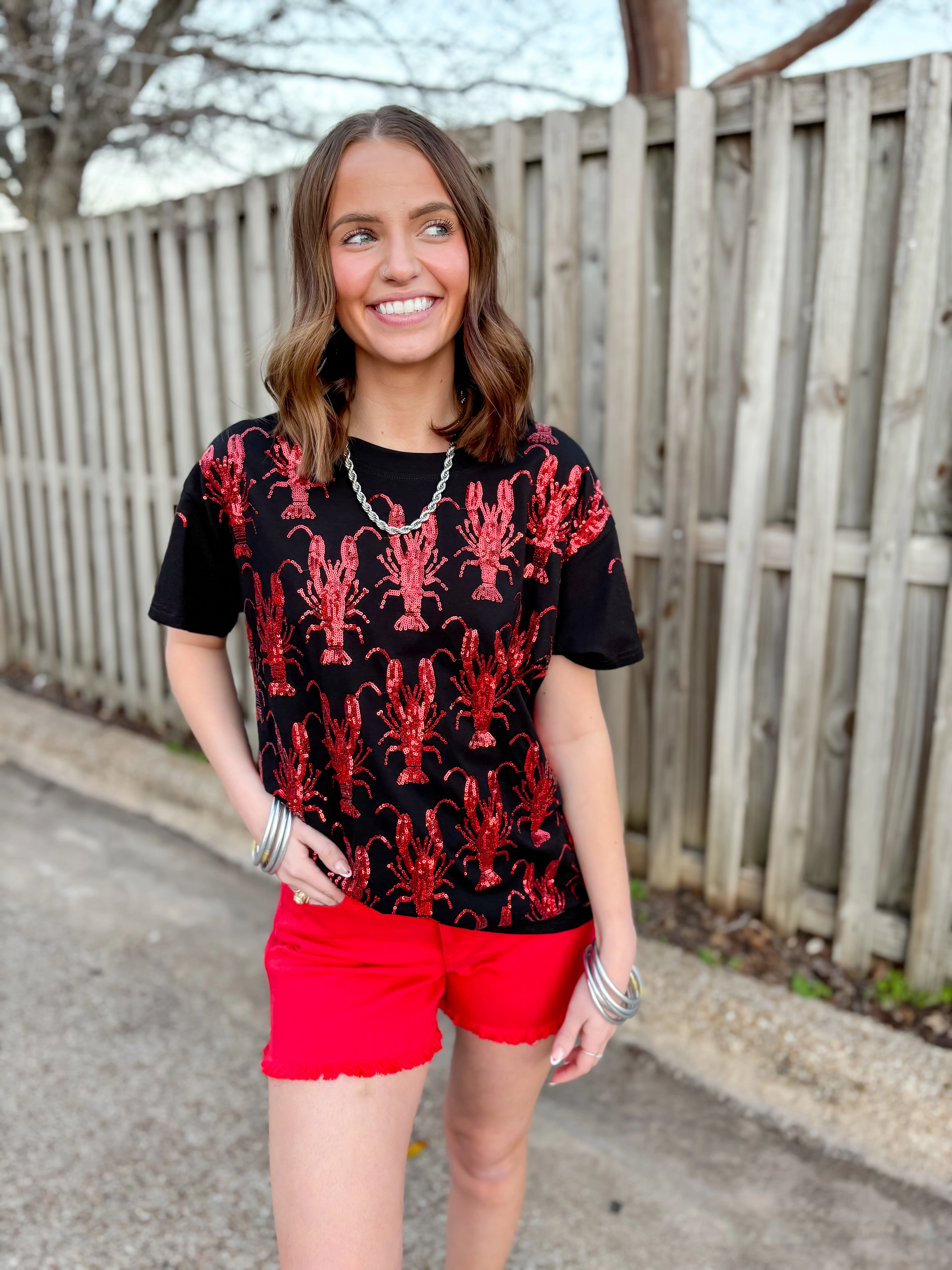 Queen Of Sparkles | Bayou Beauty Fully Sequin Crawfish Short Sleeve Tee in Black Street Edge Vision Glow