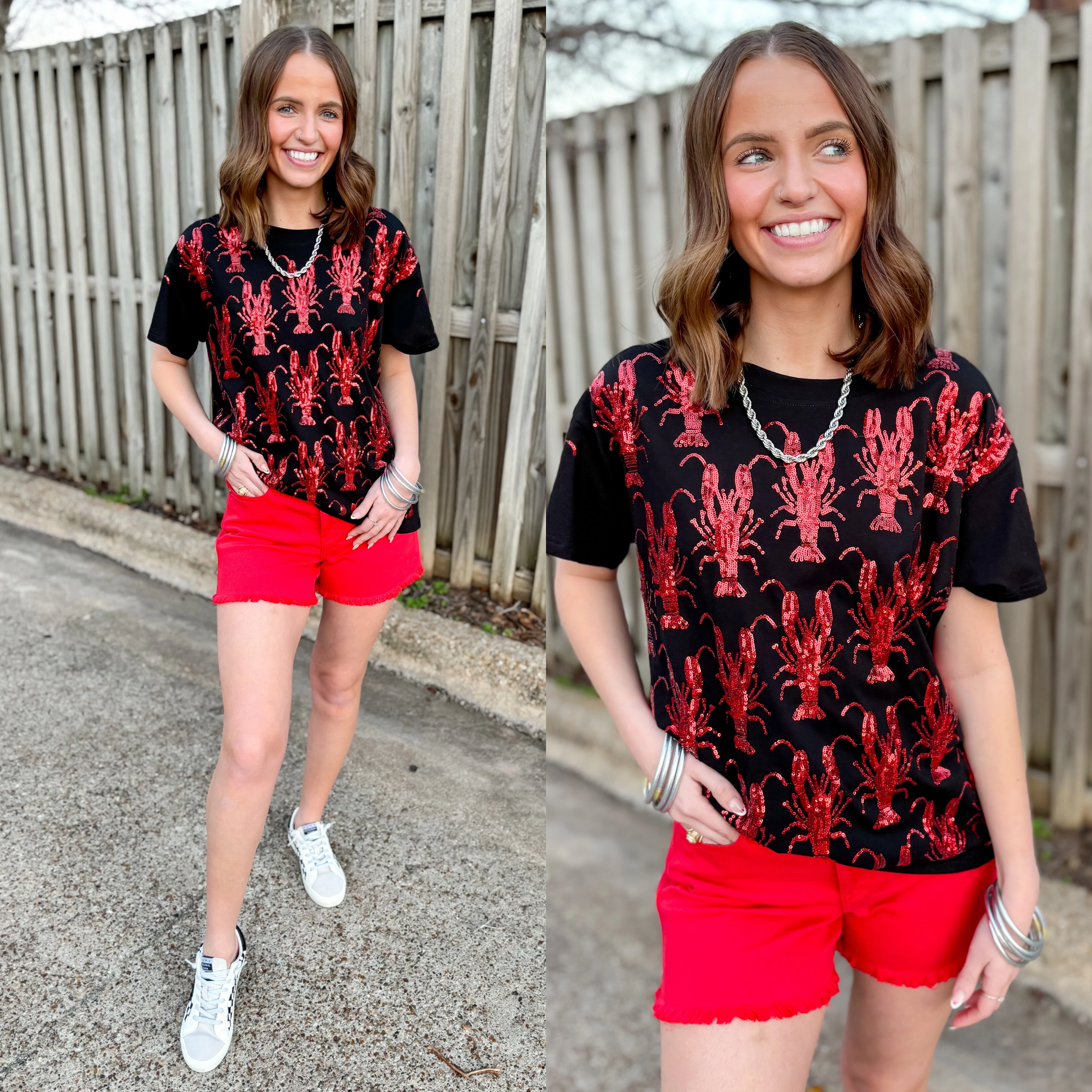 HighCollar Style Queen Of Sparkles | Bayou Beauty Fully Sequin Crawfish Short Sleeve Tee in Black