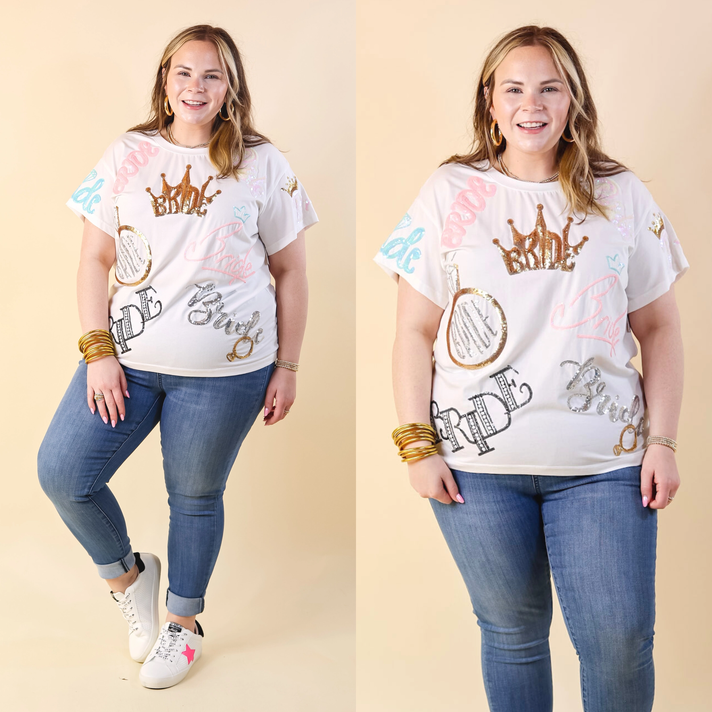 Lake Mood Queen Of Sparkles | Happily Ever After Bride Fully Sequin Short Sleeve Tee in White