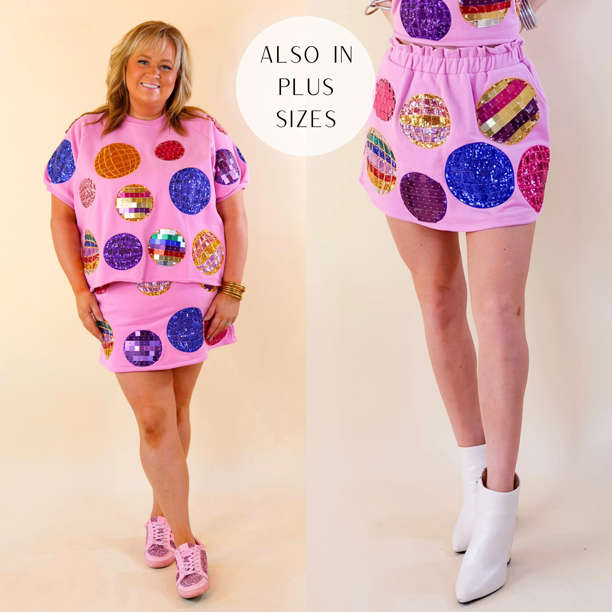 Queen Of Sparkles | Multi Disco Ball Graphic Skort in Pink TearResistant Material Foldable Hem