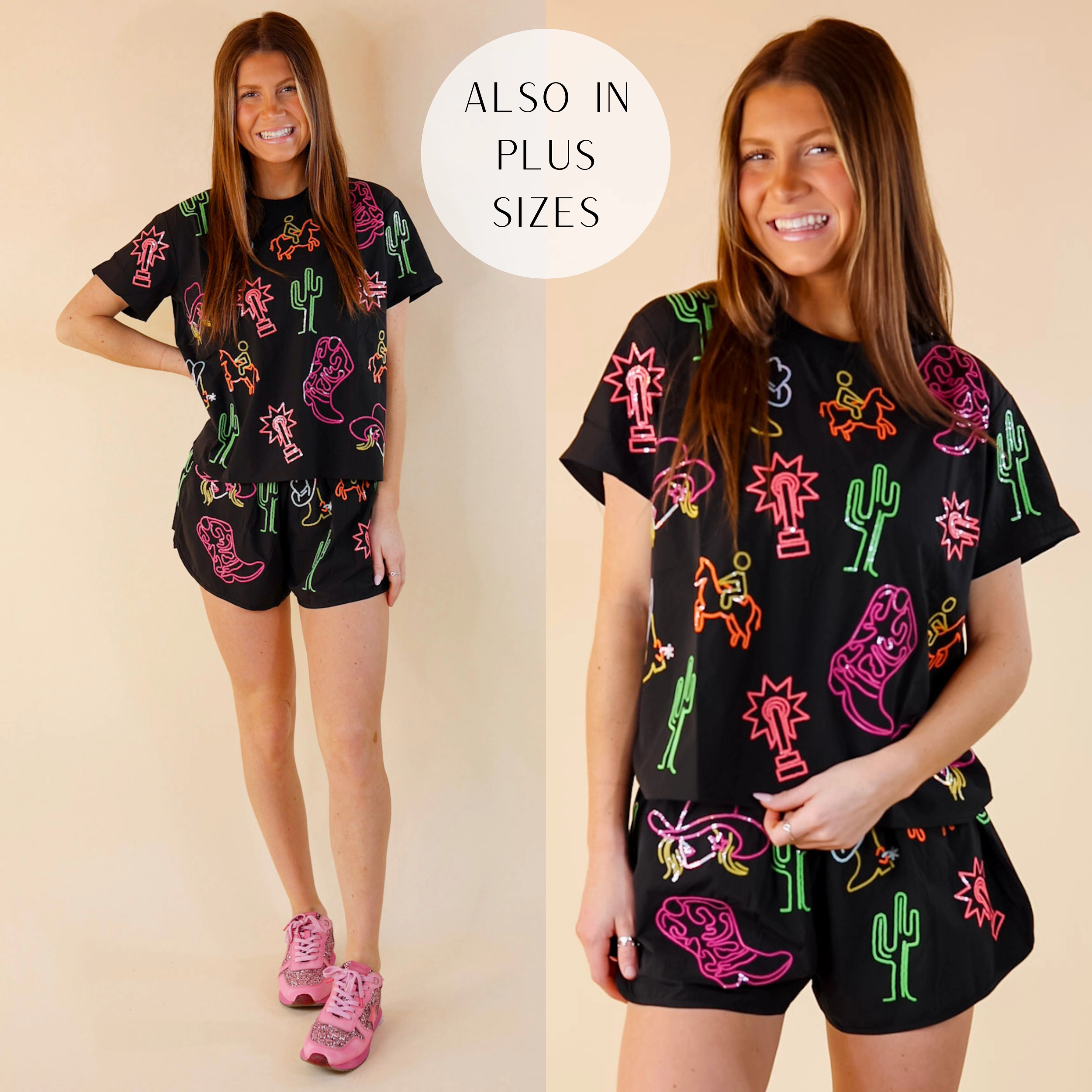 Queen Of Sparkles | Ranch Romance Western Icon Neon Colored Sequin Short Sleeve Tee in Black FadeResistant Finish TearResistant Blends