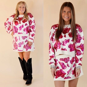 Queen Of Sparkles | Spot On Sequin Cow Print Long Sleeve Sweatshirt in White TaglessNeckline