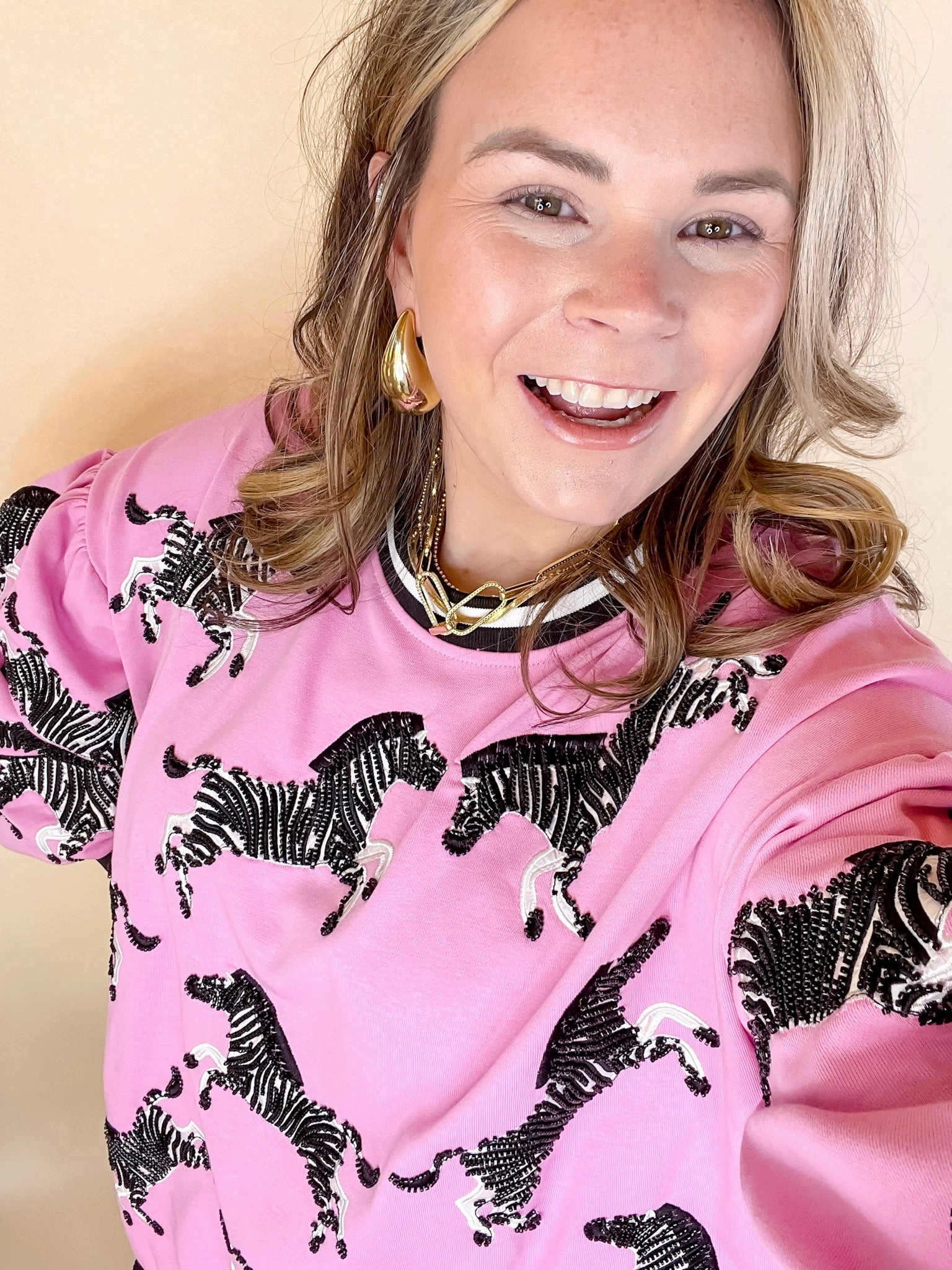 Teacher Chic Queen Of Sparkles | Wild Expedition Fully Beaded Zebra Print Long Sleeve Sweatshirt in Pink