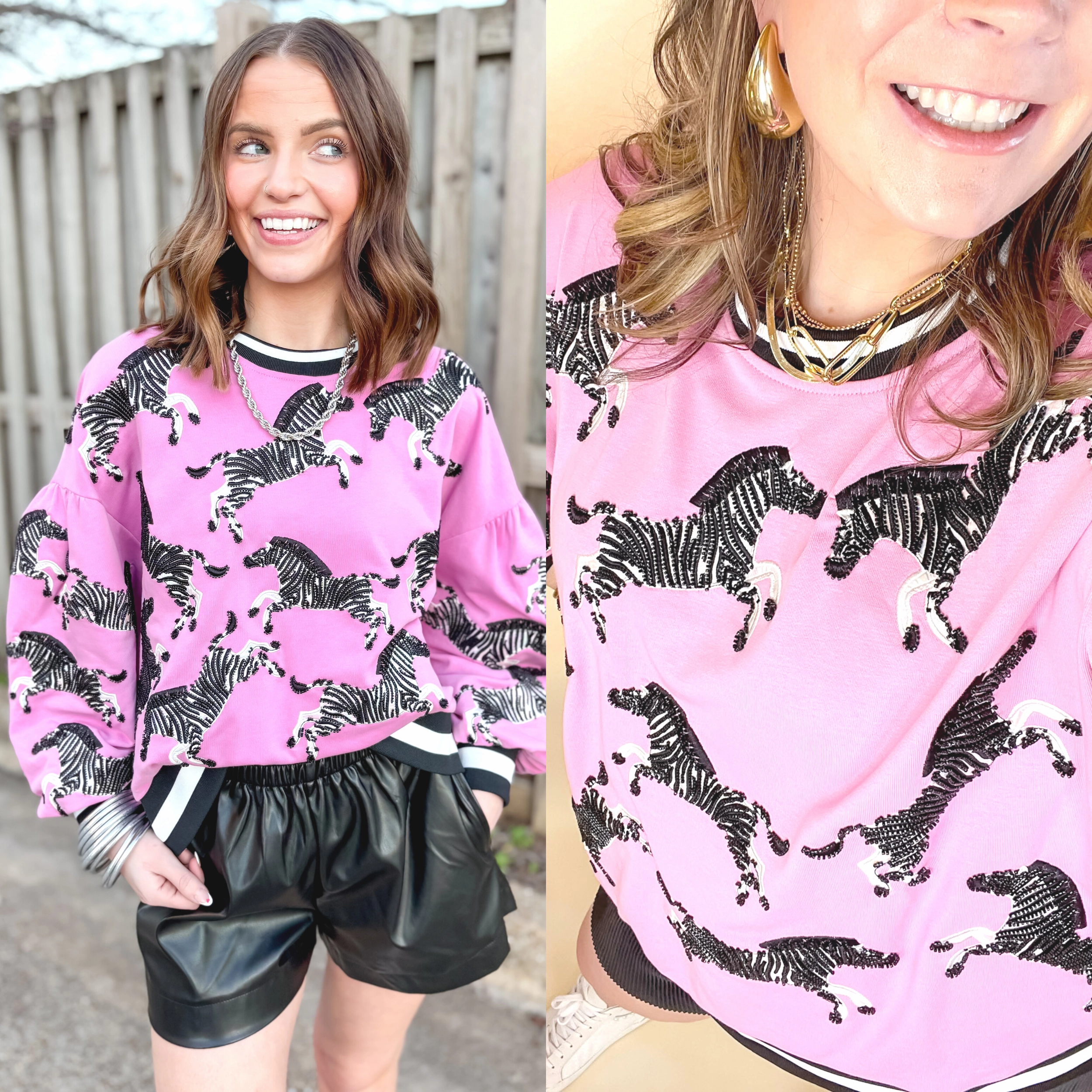 Queen Of Sparkles | Wild Expedition Fully Beaded Zebra Print Long Sleeve Sweatshirt in Pink Still Soul