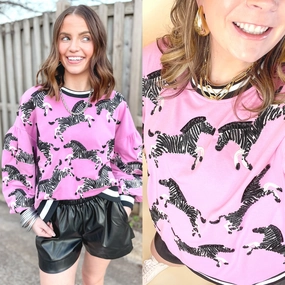 Queen Of Sparkles | Wild Expedition Fully Beaded Zebra Print Long Sleeve Sweatshirt in Pink Still Soul