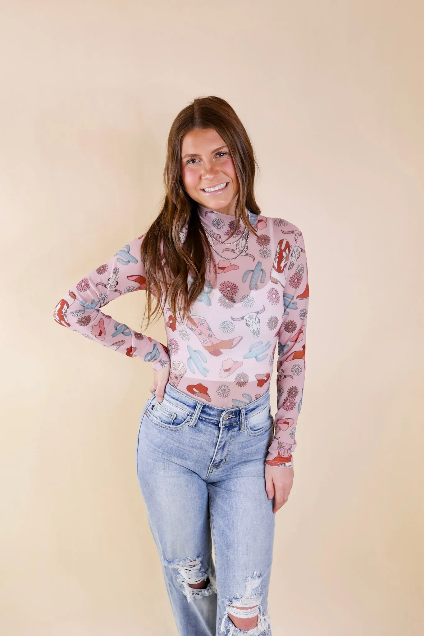 Ribbed Collar Design Try Your Luck Western Print Mesh Long Sleeve Bodysuit in Blush Pink