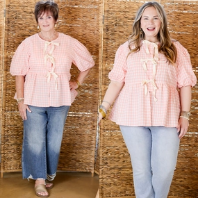 Springtime Sweetheart Gingham Print Short Puff Sleeve Top with Front Ties in Light Pink Minimalist Style