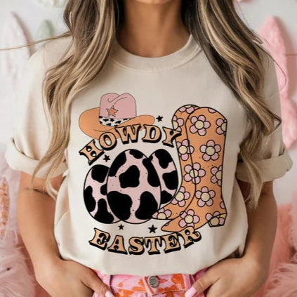 Glossy Look Fit For Movement Online Exclusive | Howdy Easter with Floral Boots and Cow Print Easter Egg Graphic Tee in Cream