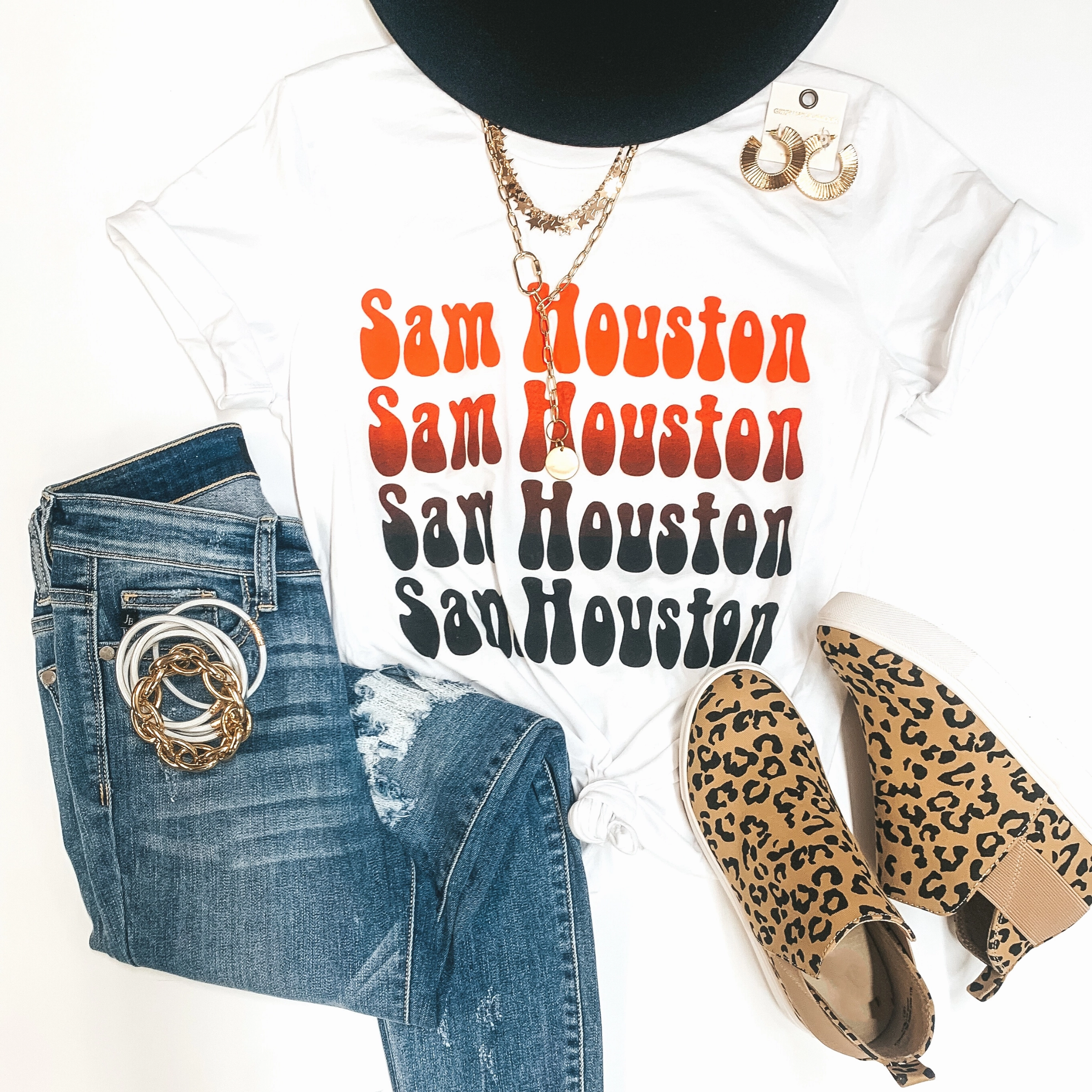 Sporty Joggers Fresh Ease Bearkat Game Day | Sam Houston Orange and Black Fade Short Sleeve Graphic Tee in White
