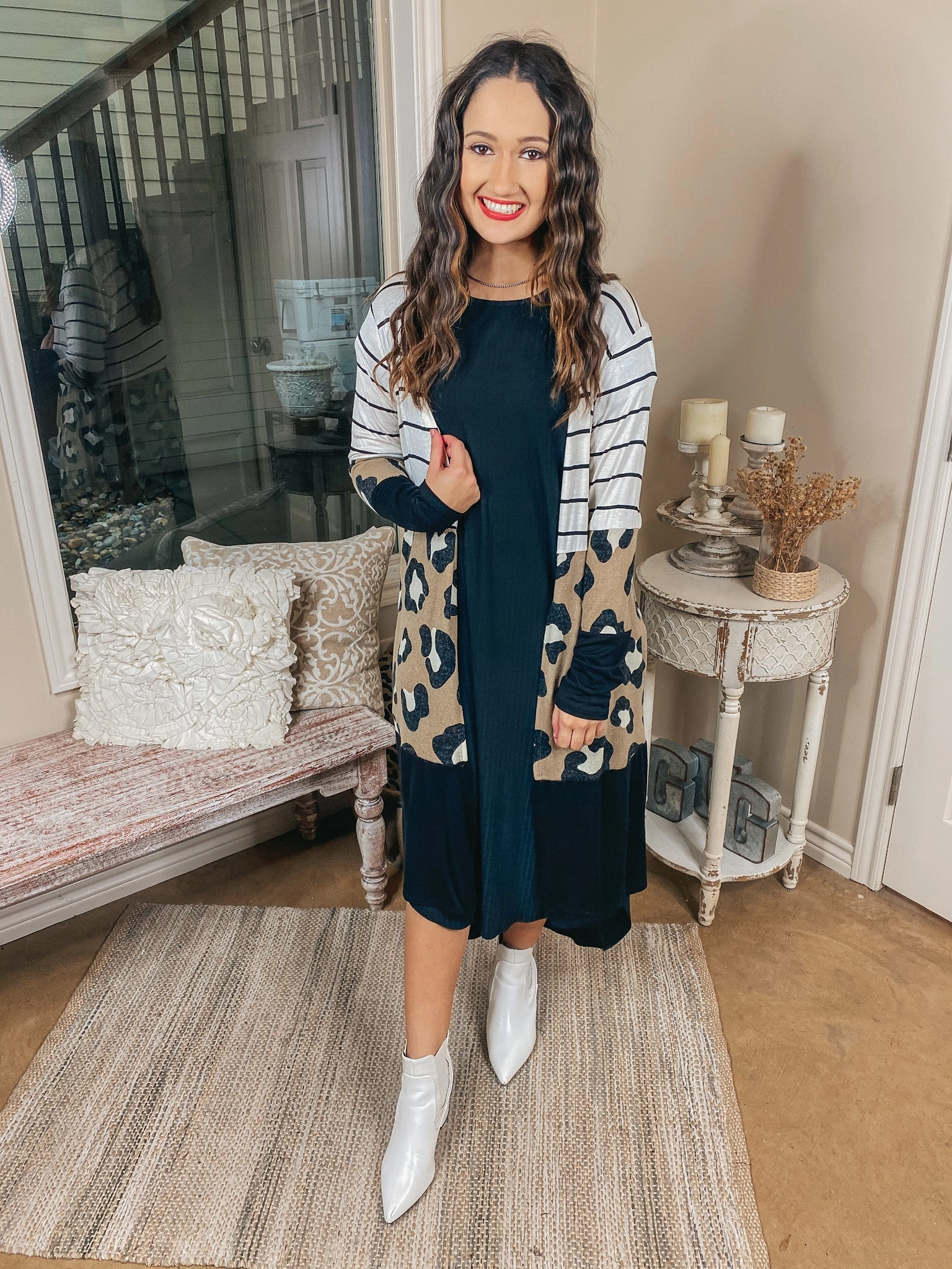 Dewy Morning Striped and Leopard Print Block Cardigan in Black, Ivory, and Taupe Two Tone Texture Effect