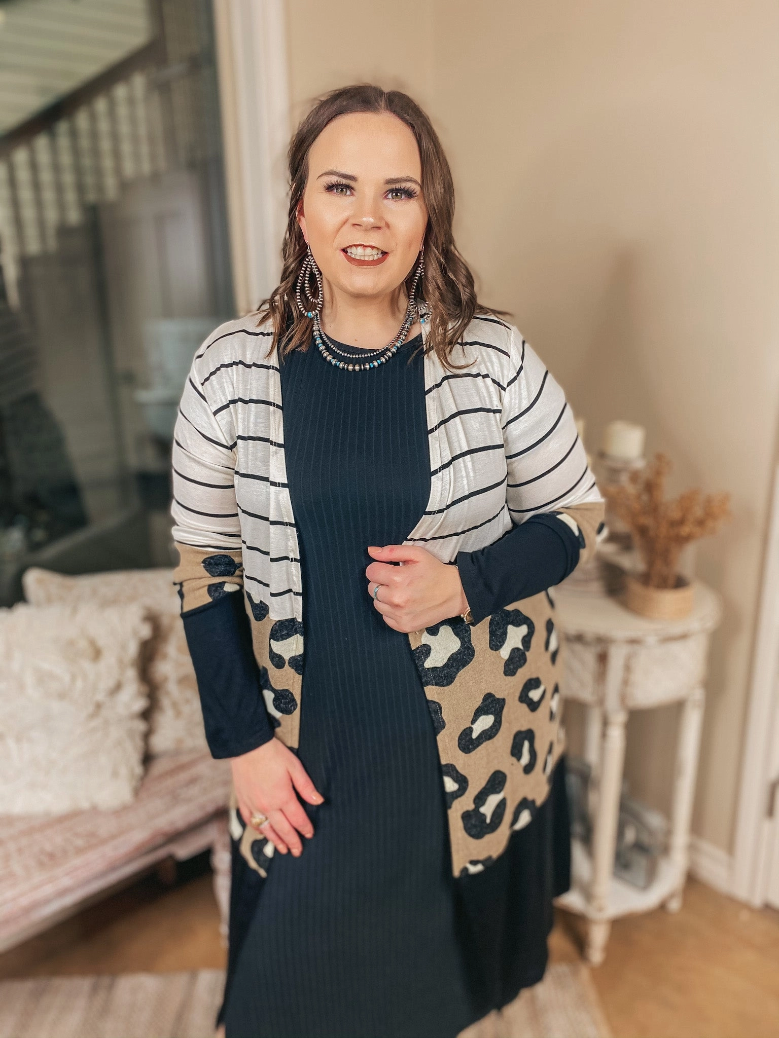 Dewy Morning Striped and Leopard Print Block Cardigan in Black, Ivory, and Taupe Contrast Stitch