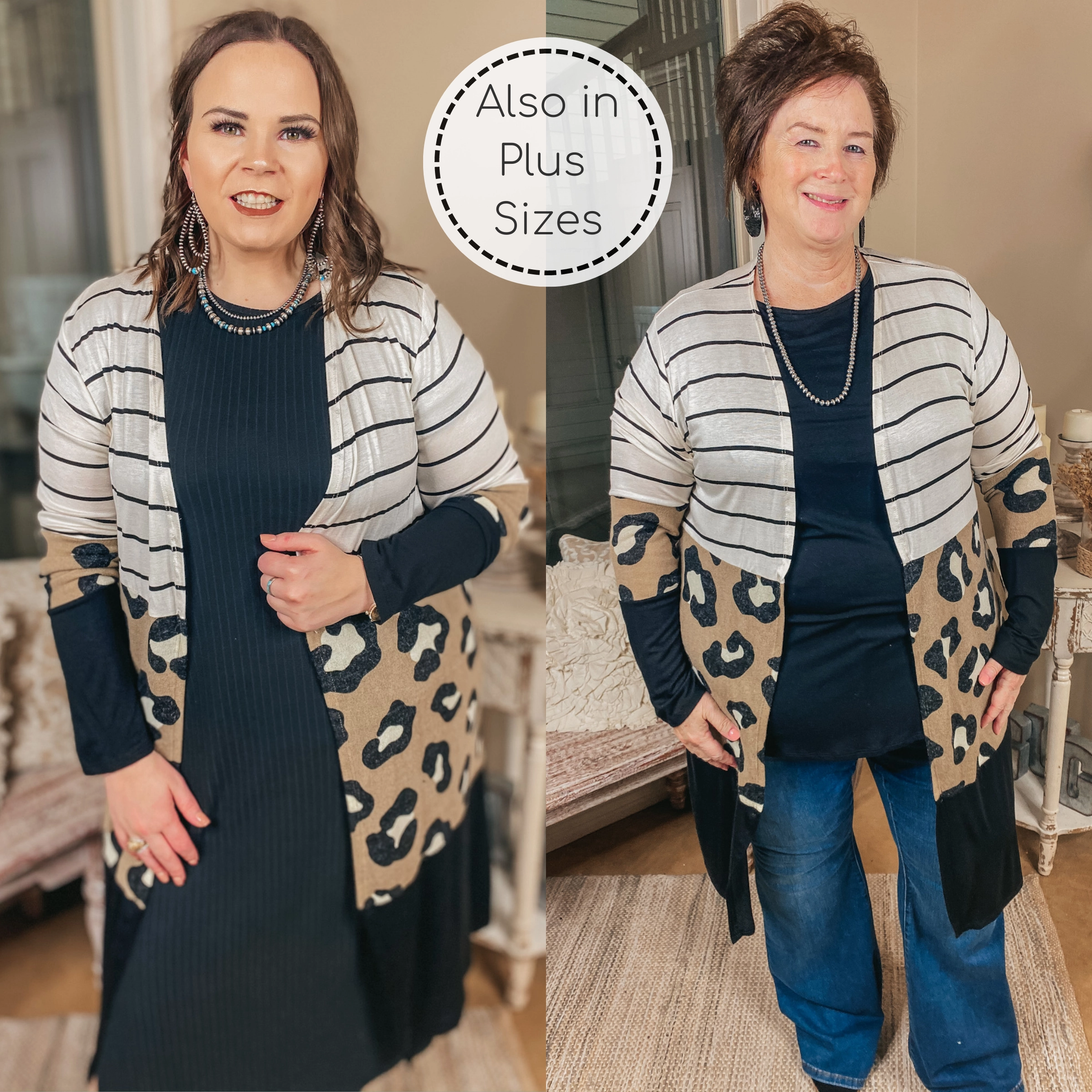 MultiPocket Configuration Dewy Morning Striped and Leopard Print Block Cardigan in Black, Ivory, and Taupe