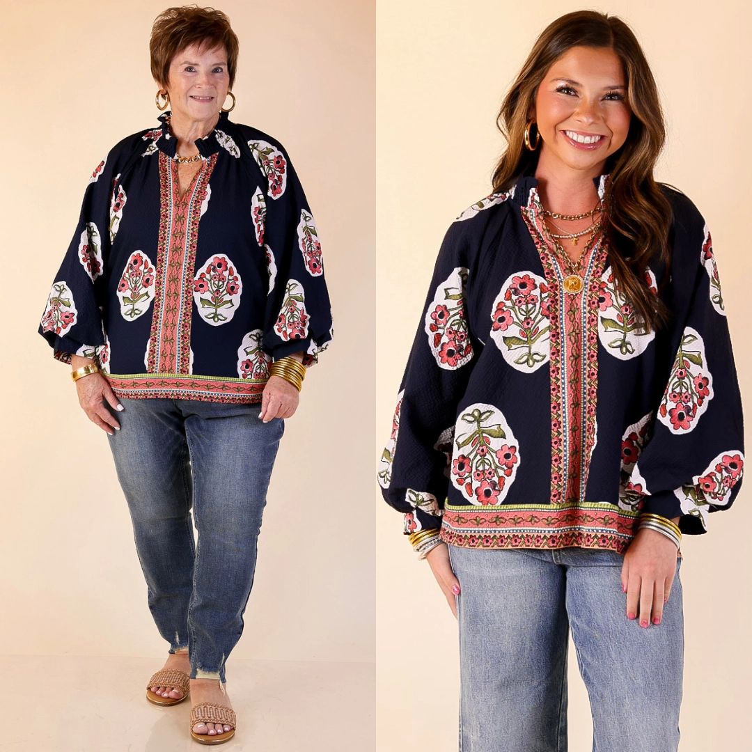 Farmer's Market Flair Floral Print V Neck Blouse with Long Balloon Sleeves in Navy Trendy Look