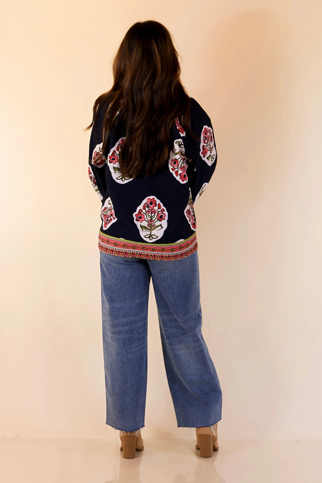 Farmer's Market Flair Floral Print V Neck Blouse with Long Balloon Sleeves in Navy Unique Design