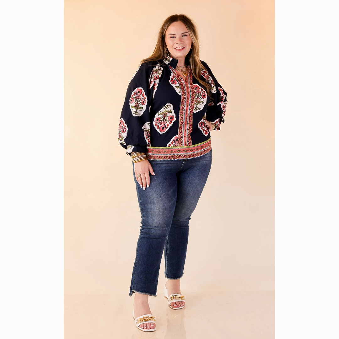 Farmer's Market Flair Floral Print V Neck Blouse with Long Balloon Sleeves in Navy Friends Meetup