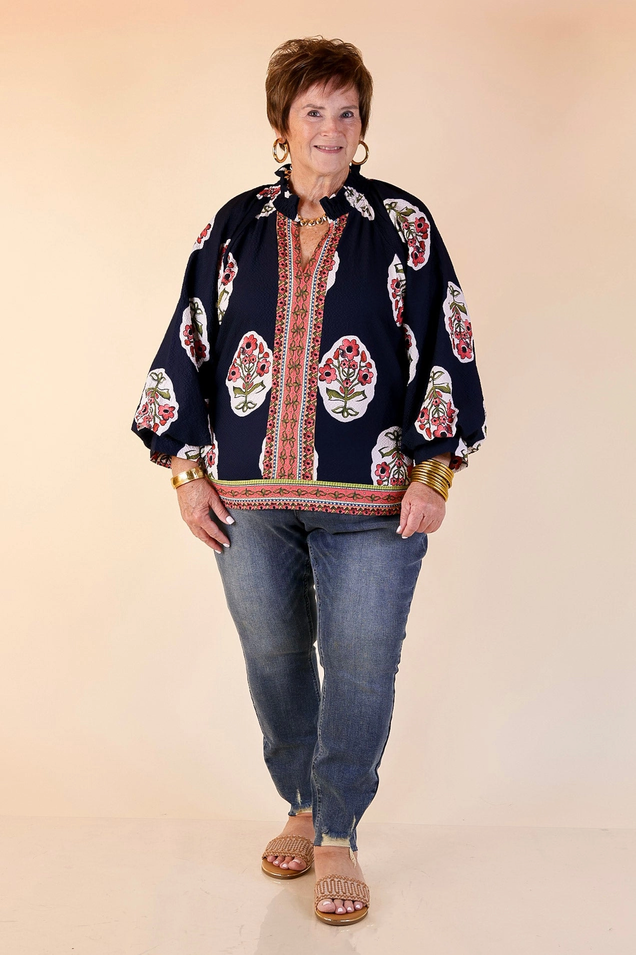Fitted Silhouette Practical Choice Farmer's Market Flair Floral Print V Neck Blouse with Long Balloon Sleeves in Navy