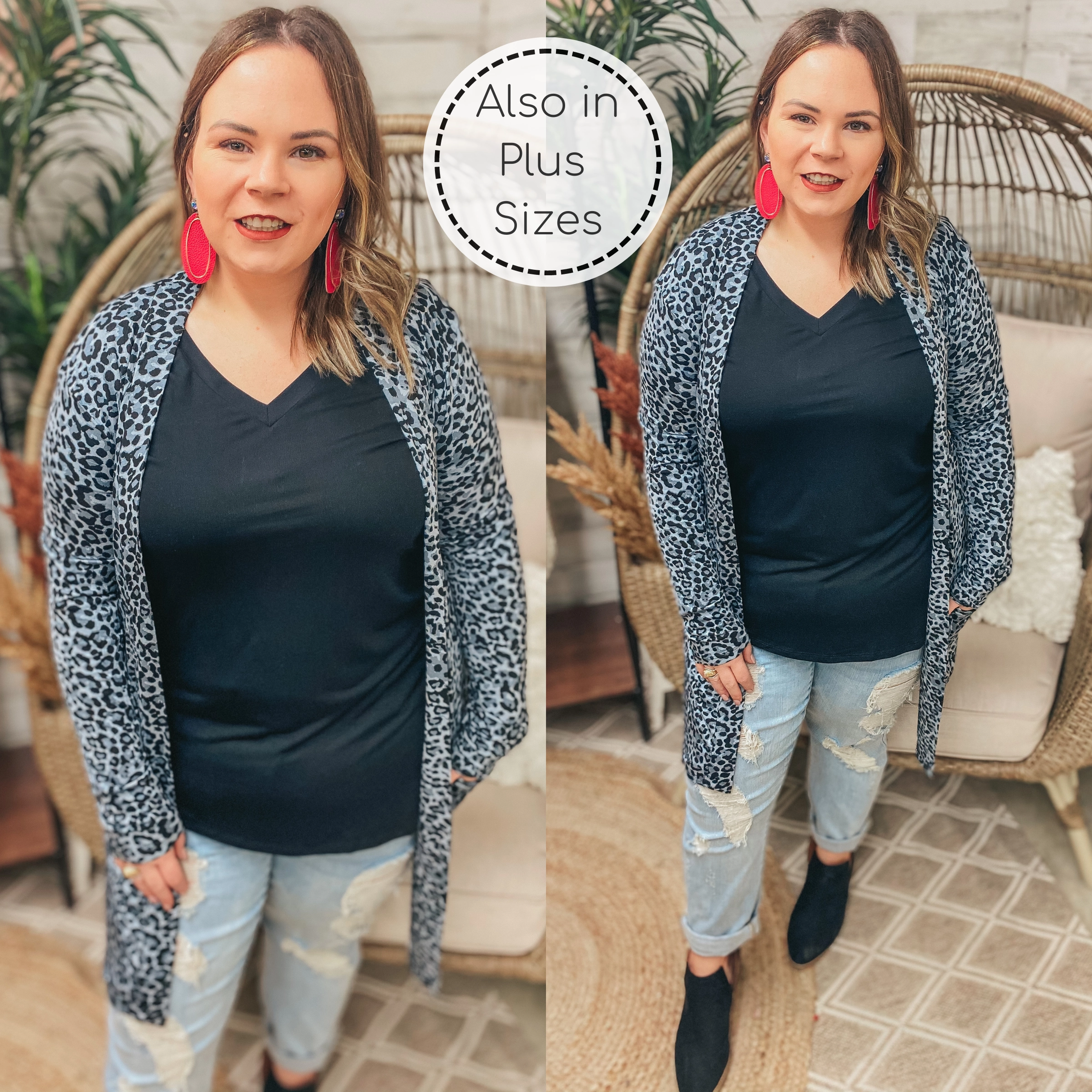 Last Chance Small | Put Me In The Spotlight Leopard Open Front Cardigan in Grey Reuse Mode Cozy Pullover